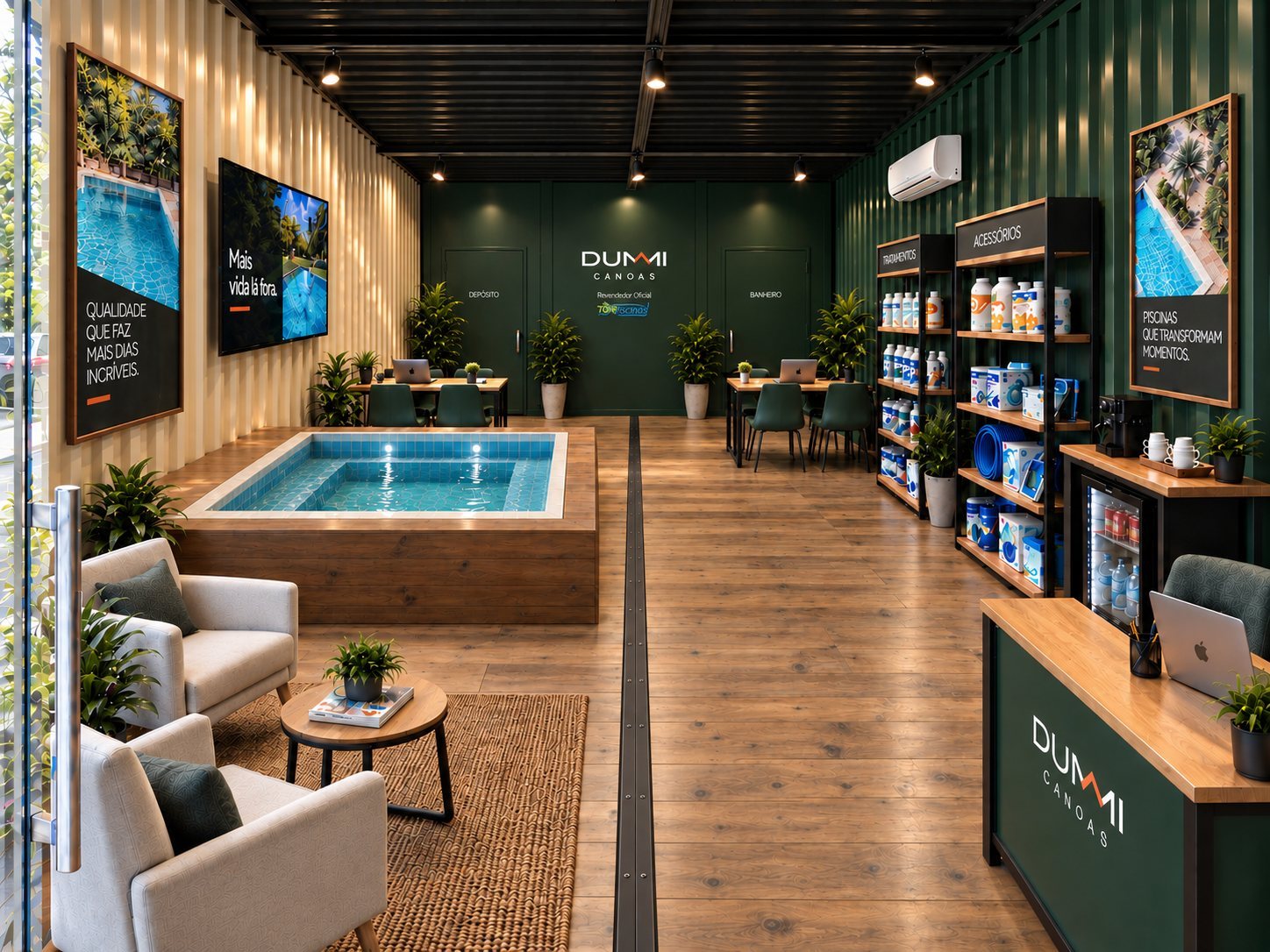 Projeto do interior da loja DUMMI Canoas: piscina montada e cheia à esquerda, prateleiras de tratamento à direita, parede com a marca DUMMI e o selo de revendedor oficial TOPiscinas ao fundo, entre as duas mesas de atendimento